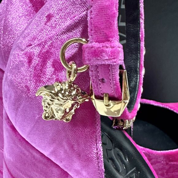 Versace Aevitas 37.5/ 7.5 Platform Pink Velvet Pump Crystal Medusa NIB $1,575 - Picture 10 of 16
